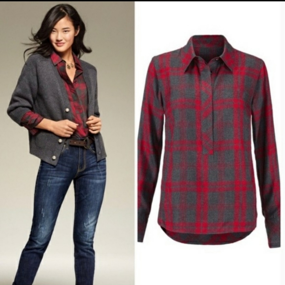 Cabi red and gray plaid shirt